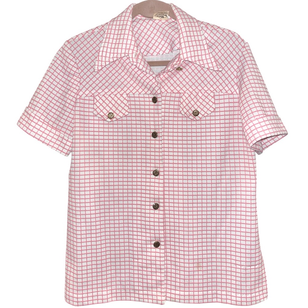 “Marci Sportswear” Mod Vtg 60’s pink & white short sleeve button down